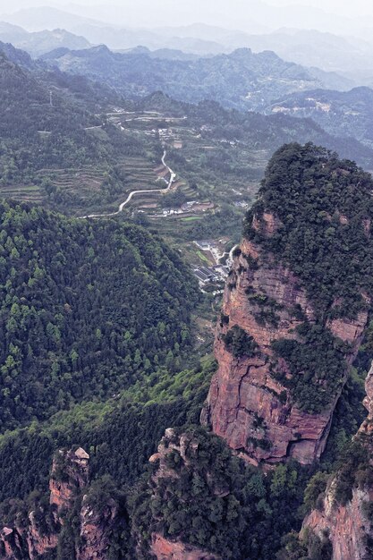 Scogliera accanto a una montagna ricoperta di alberi e vegetazione