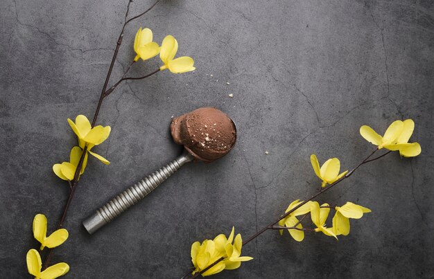 Scoop con gelato al cioccolato sul tavolo