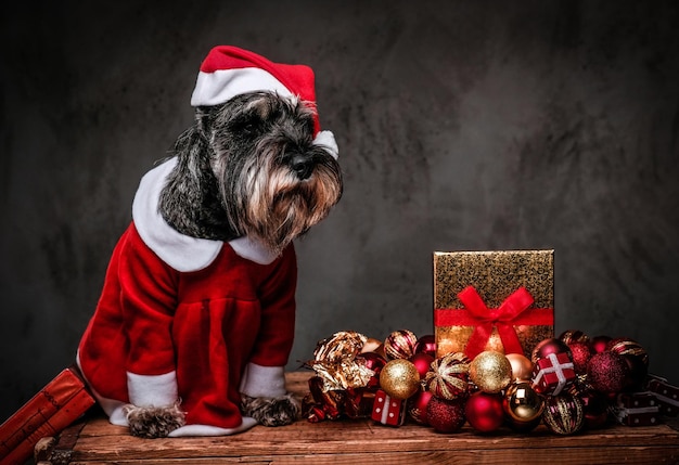 Scottish terrier che indossa il costume di Babbo Natale seduto su un pallet di legno circondato da regali e palline a Natale.