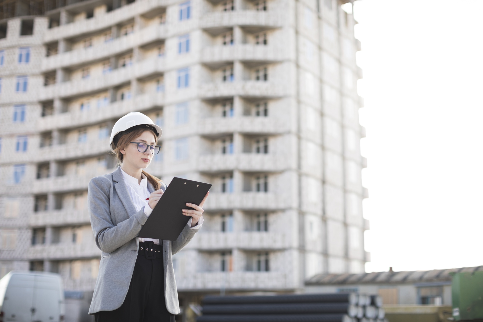 Scrittura femminile dell&#39;architetto sulla lavagna per appunti al sito