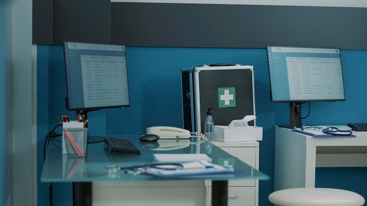 Foto gratuito scrivania vuota nell'ufficio del medico con computer e strumenti medici. nessuno nel gabinetto utilizzato per l'appuntamento di consultazione e la visita di controllo in cui il medico cura i pazienti con malattia.