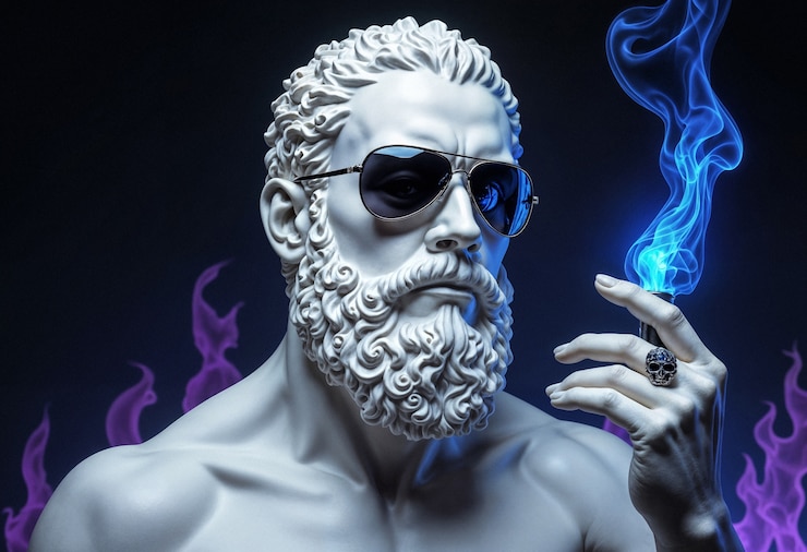 Foto gratuito scultura greca di un dio greco che fuma