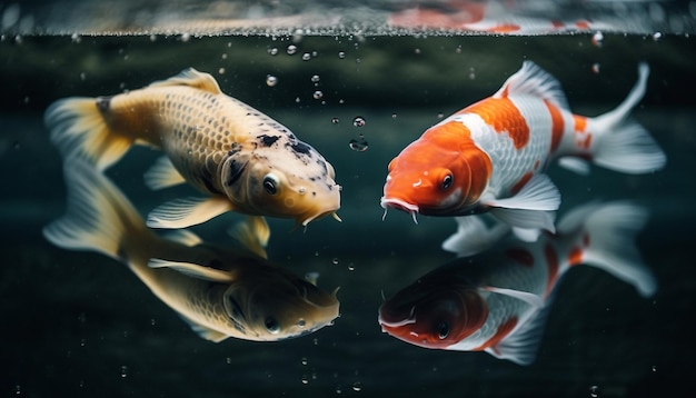 Scuola di pesci rossi che nuotano in uno stagno tranquillo generato dall'intelligenza artificiale