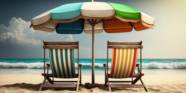 Sedie a sdraio con ombrellone sulla spiaggia sabbiosa