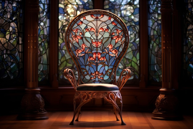 Sedile ornato in stile art nouveau con vetrate