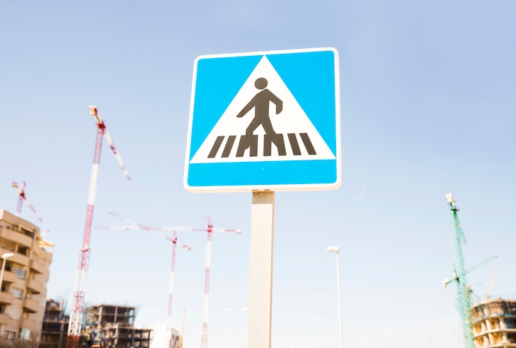 Foto gratuito segnale di pericolo dei pedoni contro il cantiere