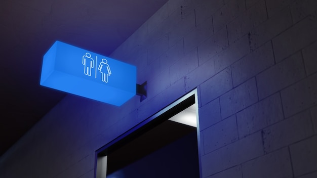 Segno di bagno luminoso al neon di notte