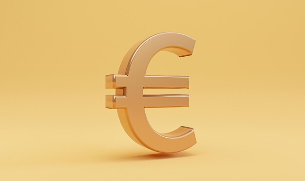 Segno dorato dell'euro su sfondo giallo per il cambio valuta e il concetto di trasferimento di denaro L'euro è la principale moneta della regione dell'Unione Europea dal rendering 3d