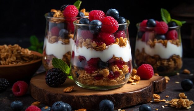 Semifreddo ai frutti di bosco freschi con muesli e yogurt generato dall'IA