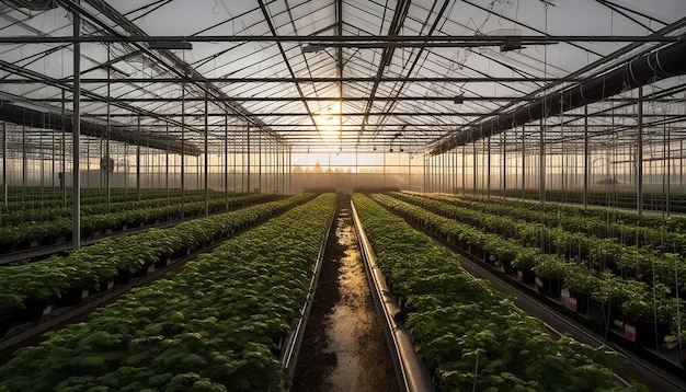 Serra futuristica con verdure biologiche all'interno dell'acciaio generato dall'intelligenza artificiale