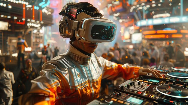 Set futuristico con DJ responsabile della musica utilizzando occhiali di realtà virtuale