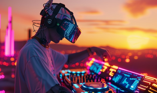 Set futuristico con DJ responsabile della musica utilizzando occhiali di realtà virtuale