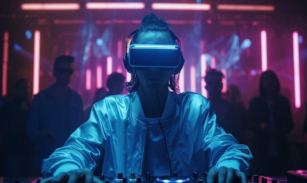 Set futuristico con DJ responsabile della musica utilizzando occhiali di realtà virtuale