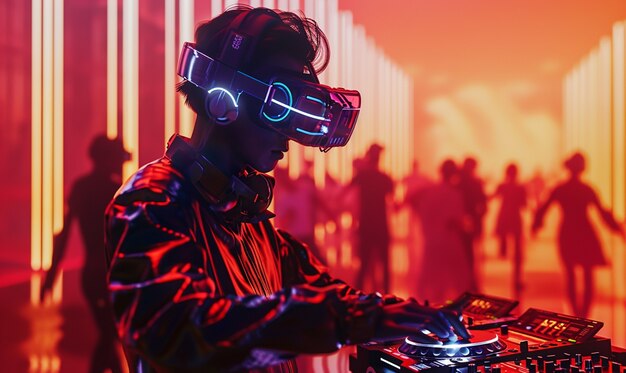 Set futuristico con DJ responsabile della musica utilizzando occhiali di realtà virtuale