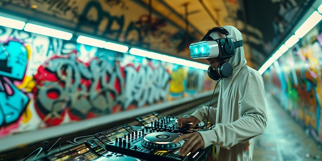 Set futuristico con DJ responsabile della musica utilizzando occhiali di realtà virtuale