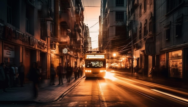 Sfocatura del traffico dell'ora di punta nelle strade della città incandescente generata dall'intelligenza artificiale