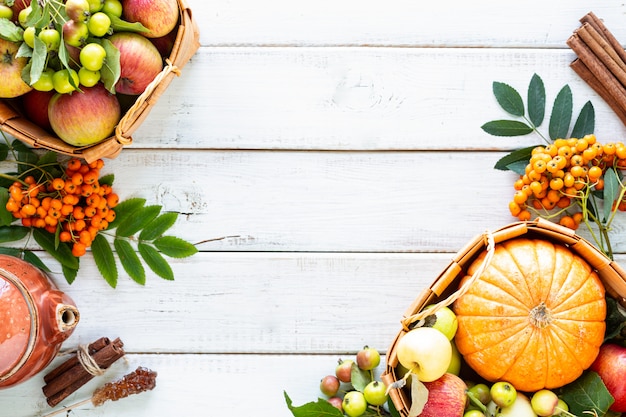 Sfondo autunno. Mele, zucca, mele del paradiso, sorbo su legno bianco.