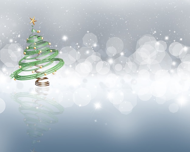 Sfondo colorato con stelle ed effetto luci bokeh e un albero di Natale 3D