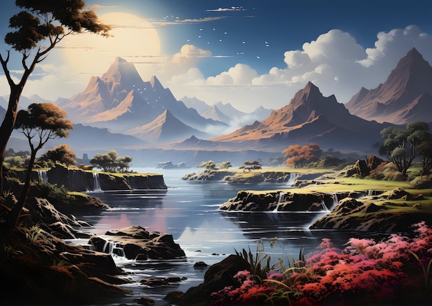 sfondo dei cartoni animati della foresta di montagna fantasy