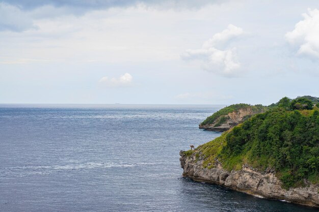 sfondo della natura, oceano blu, onde che corrono sulla riva, bordo di una scogliera con vegetazione tropicale verde lussureggiante