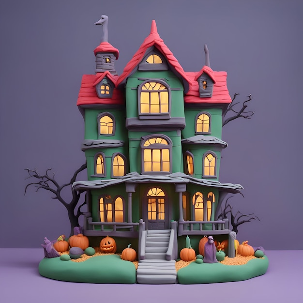 Sfondo di Halloween con casa stregata e zucche rendering 3D