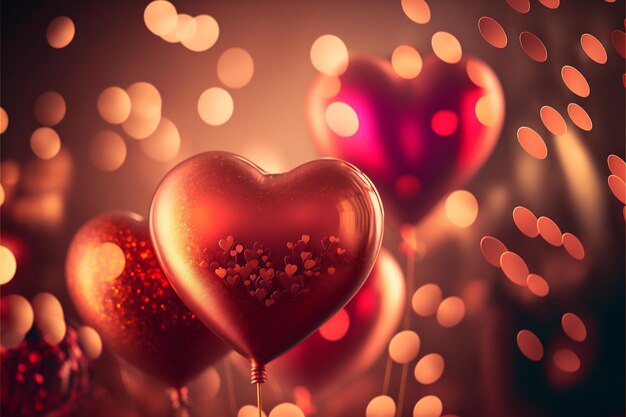 Sfondo di mongolfiera a cuore rosso con forme bokeh glitterate Concetto di design per la festa di San Valentino festa di compleanno cuori rossi su nastri