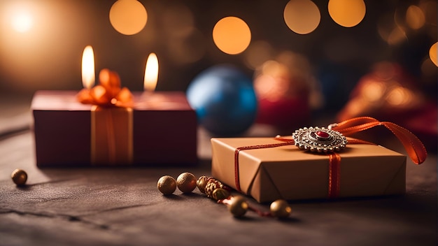 Sfondo di Natale e Capodanno con candele regalo e bokeh