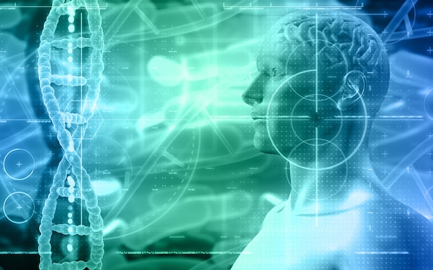 Sfondo medico 3D con figura maschile con fili di DNA e cervello