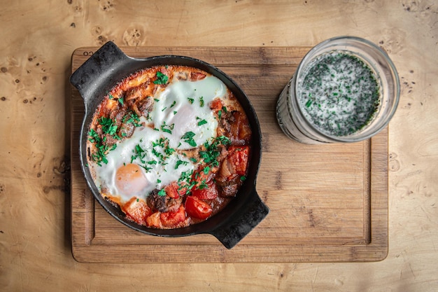 Shakshuka in una padella e un bicchiere di ayran cibo sano e gustoso