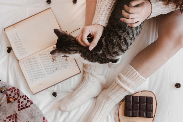 Signora irriconoscibile accarezzando il gatto vicino a libro e cioccolato