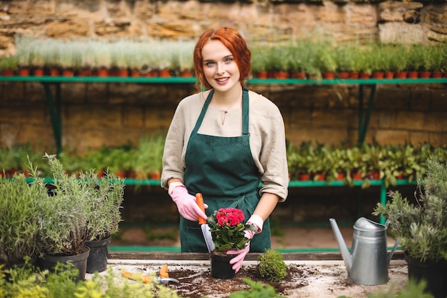 Signora sorridente in grembiule e guanti rosa che usa una piccola pala da giardino mentre pianta un fiore in vaso e guarda felicemente a porte chiuse in serra