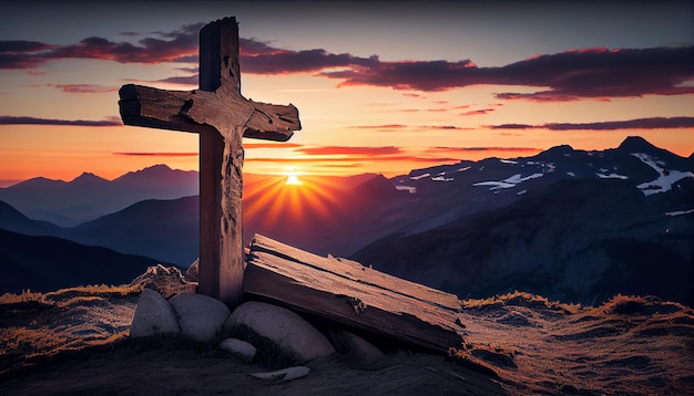 Silhouette a croce di montagna contro il maestoso cielo al tramonto IA generativa