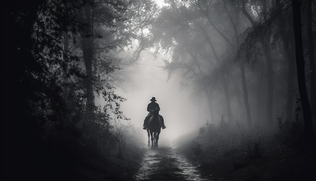 Silhouette che cammina attraverso la foresta spettrale nella nebbia IA generativa