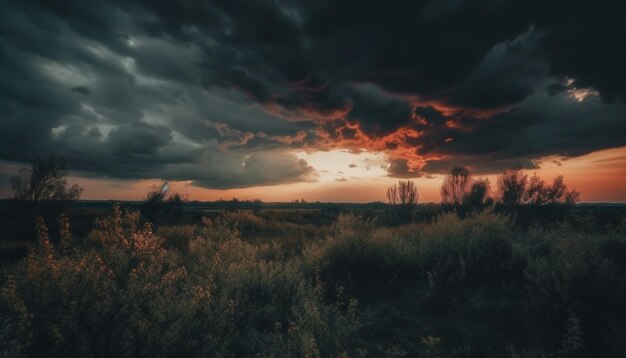 Silhouette di alberi contro il drammatico cielo arancione generato dall'intelligenza artificiale