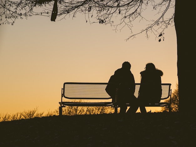 Silhouette di due persone sedute su una panchina sotto un albero durante un tramonto