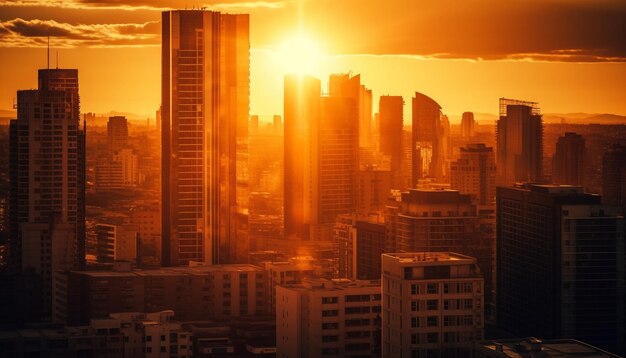 Silhouette di grattacieli contro un cielo al tramonto generato dall'intelligenza artificiale
