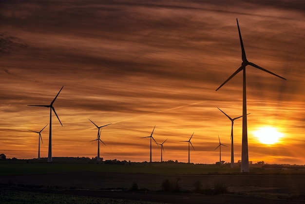 Silhouette di mulini a vento su un campo durante il tramonto