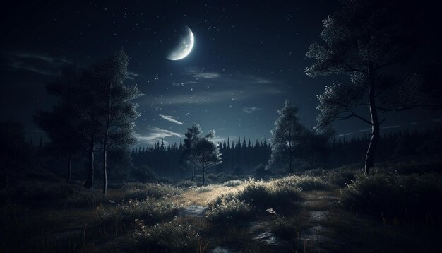 Silhouette di un pino in una foresta buia sotto un cielo stellato generato dall'intelligenza artificiale