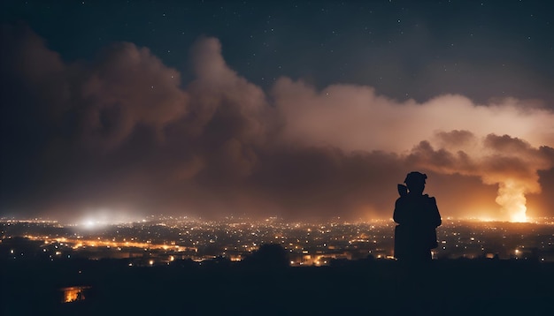 Silhouette di un uomo con binocolo che guarda la città notturna