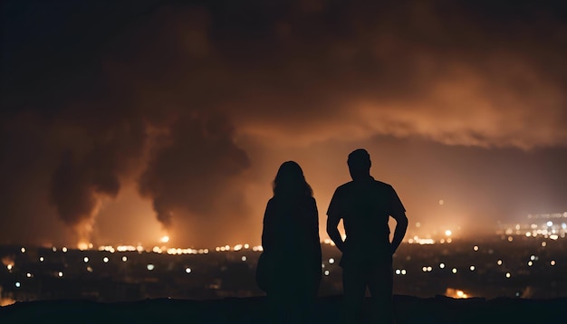 Silhouette di un uomo e una donna in piedi sul bordo di una scogliera che si affaccia sulla città di notte