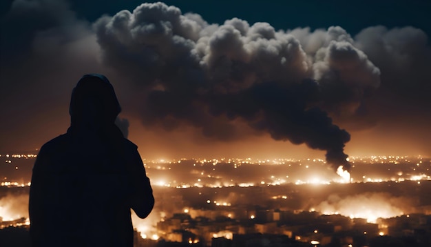 Silhouette di un uomo in piedi di fronte alla città di notte