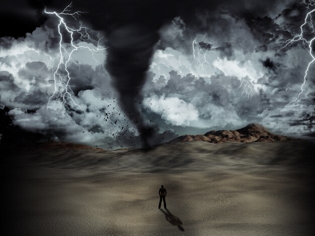 Silhouette di un uomo in piedi nel deserto nel mezzo di una tempesta con tornado e fulmini