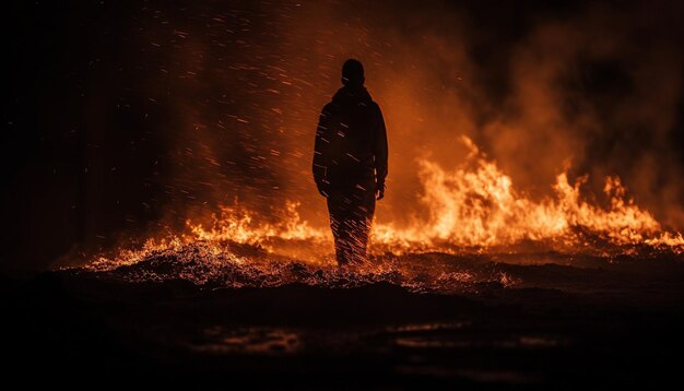 Silhouette in piedi in un inferno incandescente che spruzza fiamme generate dall'intelligenza artificiale