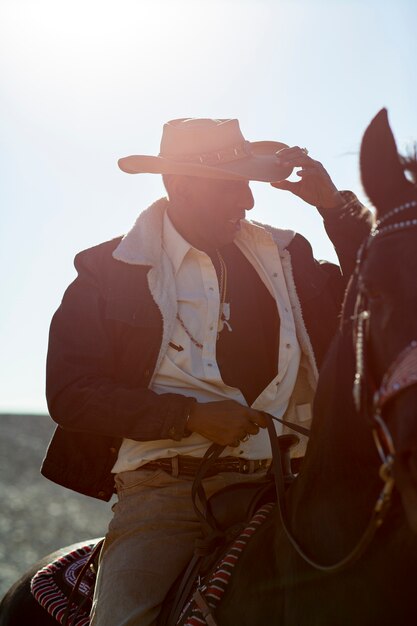 Siluetta del cowboy con il cavallo contro la luce calda