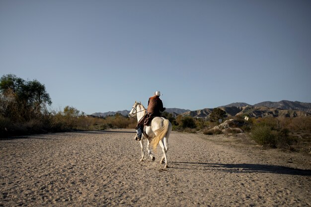 Siluetta del cowboy con il cavallo contro la luce calda