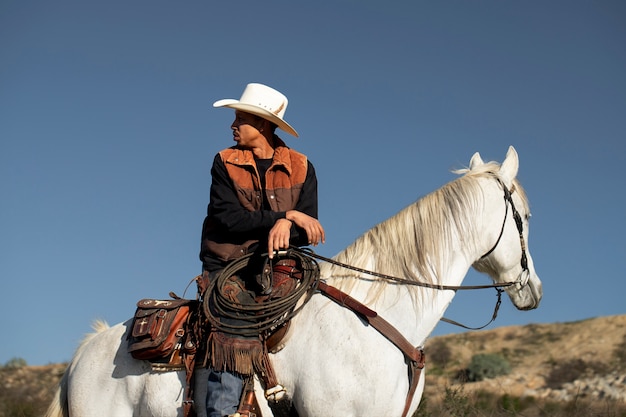 Siluetta del cowboy con il cavallo contro la luce calda