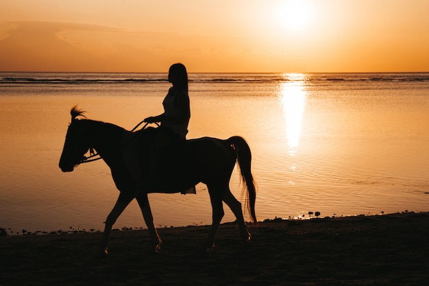 Siluetta della giovane donna che monta a cavallo sulla spiaggia durante il tramonto variopinto dorato vicino al mare