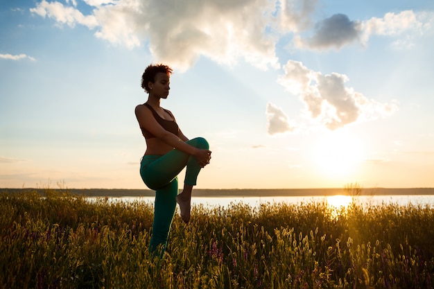 Siluetta di yoga di pratica della ragazza allegra nel campo ad alba.