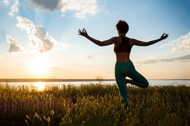 Siluetta di yoga di pratica della ragazza allegra nel campo ad alba.