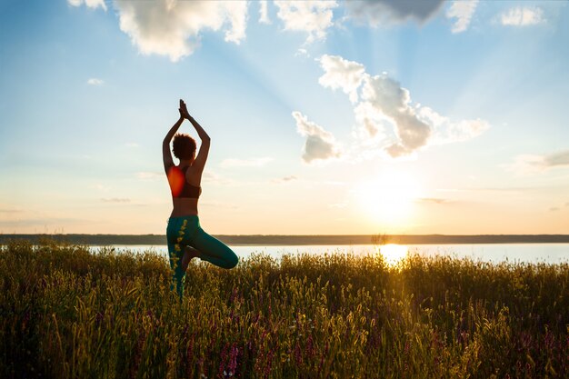 Siluetta di yoga di pratica della ragazza allegra nel campo ad alba.